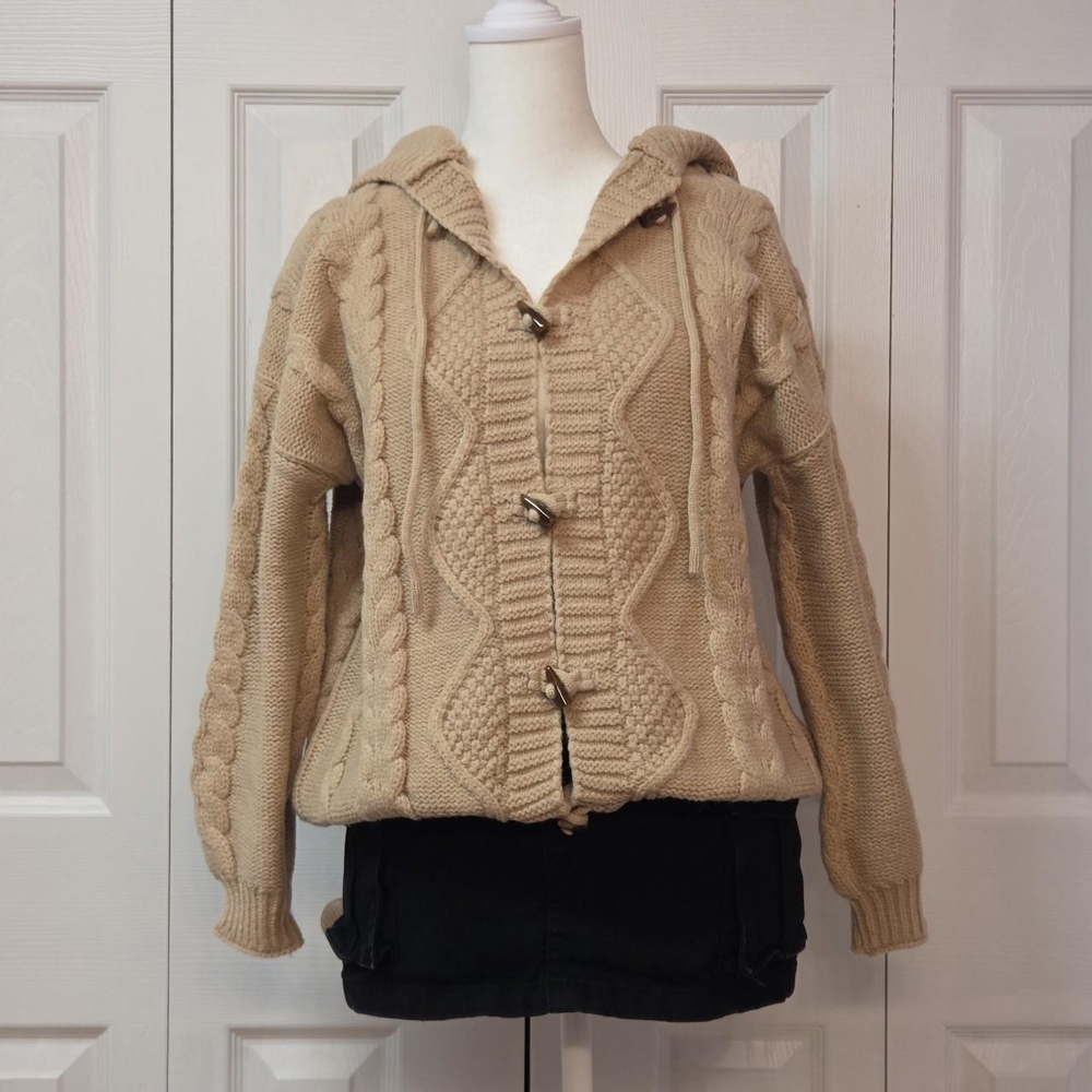 Y2K Cozy Oversized Chunky Khaki Cable Knit Cardigan Sweater Hooded, Size XS